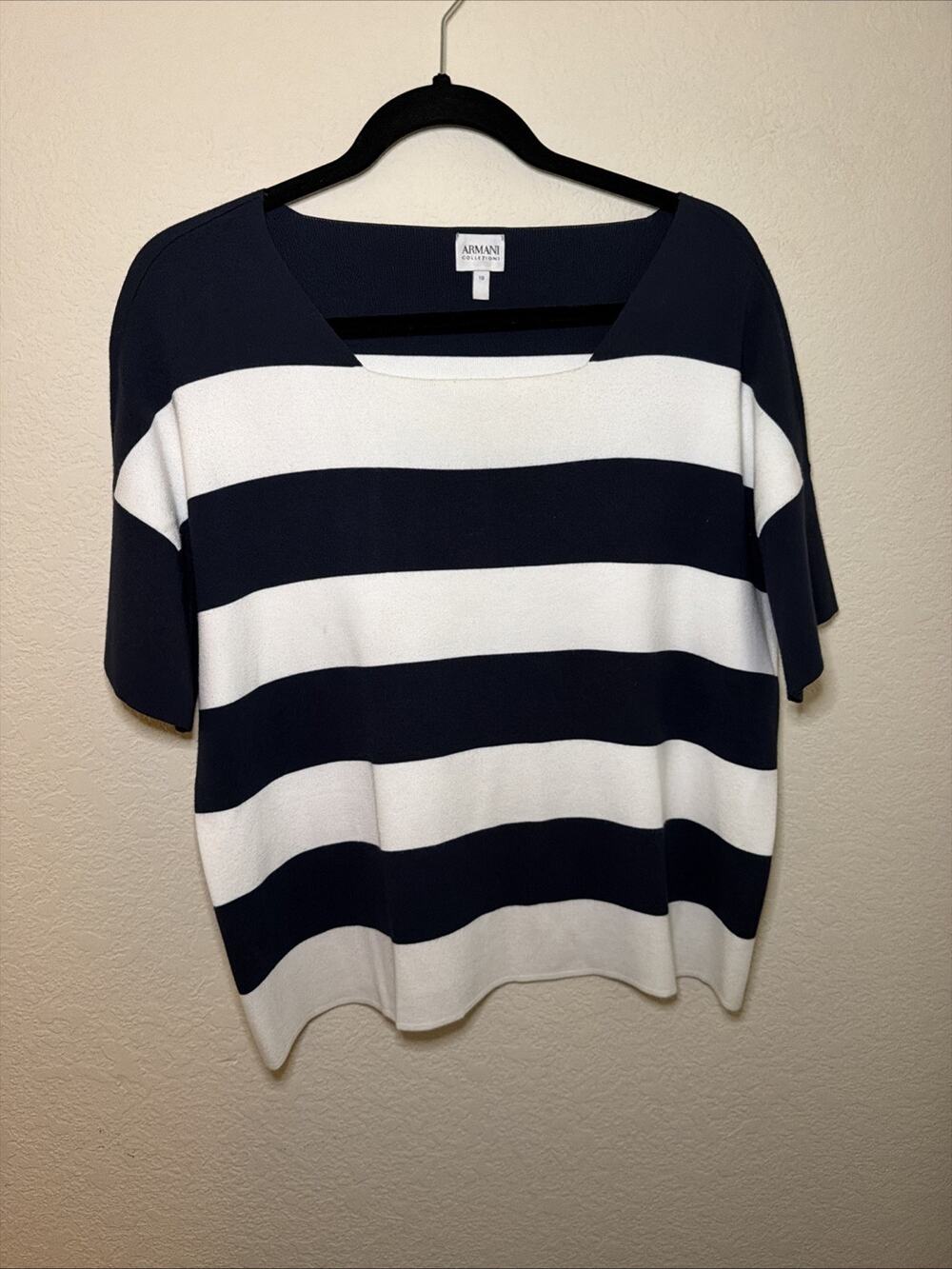 Armani Collezioni Navy Blue White Striped Square Neck Knit Sweater Size 10